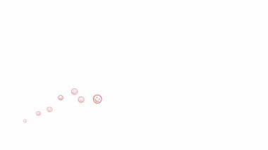 Gülümseme sembolleri soldan sağa doğru uçar. Kırmızı emoticonlardan bir dalga. Gülümsemelerin doğrusal simgeleri. Ruh hali, akıl sağlığı kavramı. Döngülü video. Vektör illüstrasyonu beyaz arkaplanda izole edildi.