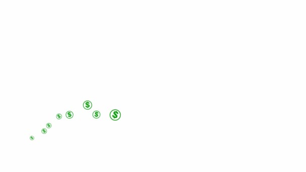 动感的绿色美元硬币从左到右飞舞 挥金如土商业概念 白色背景上孤立的向量图 — 图库视频影像