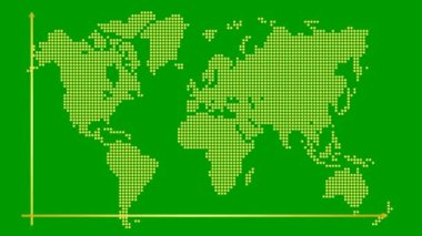 Bir trend çizelgesiyle finansal çöküşün animasyon çizelgesi. Küresel ekonomik durgunluk. Ekonomik kriz, durgunluk, düşüş grafiği. Bar tablosu olan altın dünya haritası. Kâr düştü. Döngülü video. Vektör illüstrasyonu yeşil arkaplanda izole edildi.