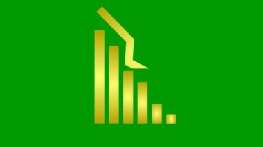 Animated golden recession chart of financial decline with a trend line chart. Economic crisis, recession, decrease graph. Bar chart. Profit down. Vector illustration isolated on green background.