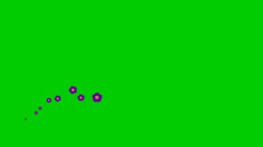 Animated violet beautiful flowers fly from left to right. Looped video. Concept of spring. A wave of flying flowers on green background.
