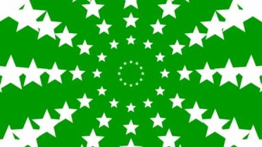 Animated increasing white twelve star circles from the center. Looped video. Concept of European Union, magic, celebration. Vector illustration isolated on green background.