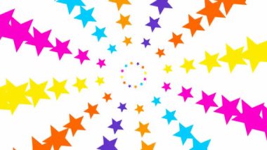 Animated increasing colorful twelve star circles from the center. Looped video. Concept of magic, celebration. Vector illustration isolated on white background.
