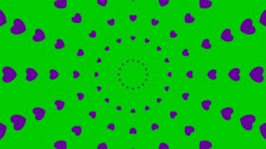 Animated increasing violet heart circles from the center. Looped video. Vector illustration isolated on green background.