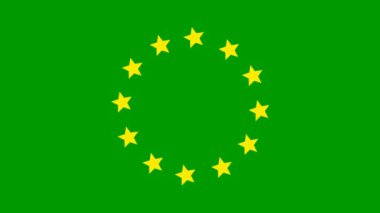 Animated increasing yellow twelve star circles from the center. Looped video. Concept of European Union. Vector illustration isolated on green background.