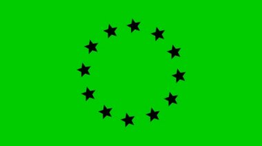 Animated increasing black twelve star circles from the center. Looped video. Concept of European Union. Vector illustration isolated on green background.