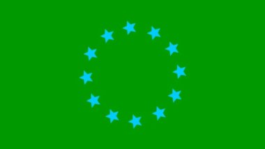 Animated increasing blue twelve star circles from the center. Looped video. Concept of European Union. Vector illustration isolated on green background.