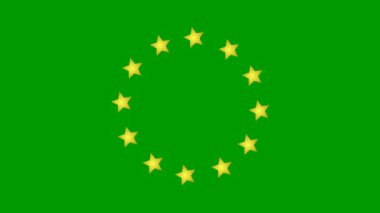 Animated increasing golden twelve star circles from the center. Looped video. Concept of European Union. Vector illustration isolated on green background.