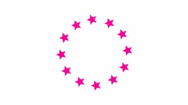 Animated increasing magenta twelve star circles from the center. Looped video. Concept of European Union. Vector pink illustration isolated on white background.