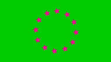 Animated increasing magenta twelve star circles from the center. Looped video. Concept of European Union. Vector pink illustration isolated on green background.