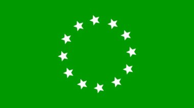 Animated increasing white twelve star circles from the center. Looped video. Concept of European Union. Vector illustration isolated on green background.