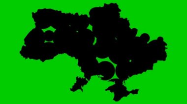 An animated black map appears from circles. Symbol of country Ukraine. Flat vector illustration isolated on a green background.