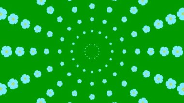 Animated increasing blue beautiful flower circles from the center. Flower background. Looped video. Concept of spring. Vector illustration isolated on green background.