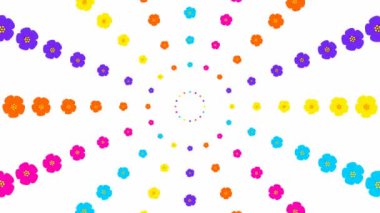 Animated increasing colorful beautiful flower circles from the center. Flower multicolor background. Looped video. Concept of spring. Vector illustration isolated on white background..