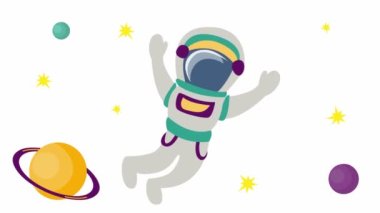 Animated cute astronaut with planets in the space. Spaceman flies among the stars. Vector flat illustration isolated on the white background. 