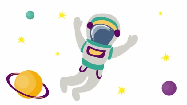 Animated Cute Astronaut Planets Space Spaceman Flies Stars Vector Flat — 图库视频影像