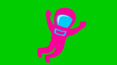 Animated cute magenta astronaut in zero gravity. Pink spaceman flies in weightlessness. Vector flat illustration isolated on the green background. 