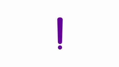 Animated violet symbol of exclamation mark. Radiance from rays around symbol. Concept of warning, attention, information. Looped video. Vector illustration isolated on a white background.
