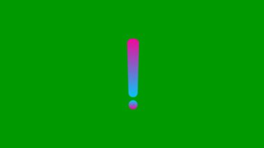 Animated blue pink symbol of exclamation mark. Radiance from rays around symbol. Concept of warning, attention, information. Looped video. Vector illustration isolated on a green background.