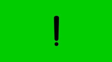 Animated black symbol of exclamation mark. Radiance from rays around symbol. Concept of warning, attention, information. Looped video. Vector illustration isolated on a green background.