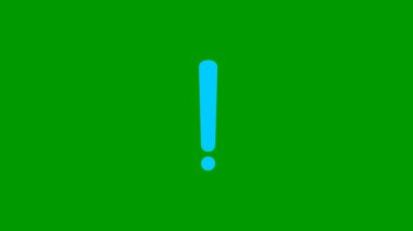 Animated blue symbol of exclamation mark. Radiance from rays around symbol. Concept of warning, attention, information. Looped video. Vector illustration isolated on a green background.