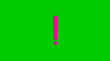 Animated magenta symbol of exclamation mark. Radiance from rays around symbol. Concept of warning, attention, information. Looped video. Vector illustration isolated on a green background.