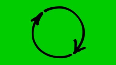Animated icon of circle arrows. Black symbol of reload spins. Looped video. Hand drawn vector illustration isolated on green background.