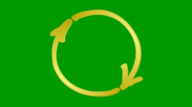 Animated icon of circle arrows. golden symbol of reload spins. Looped video. Hand drawn vector illustration isolated on green background.