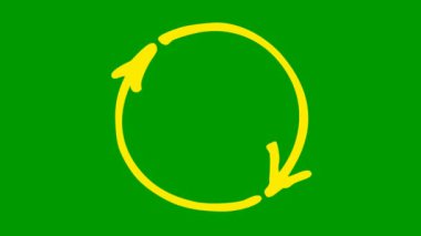 Animated icon of circle arrows. yellow symbol of reload spins. Looped video. Hand drawn vector illustration isolated on green background.