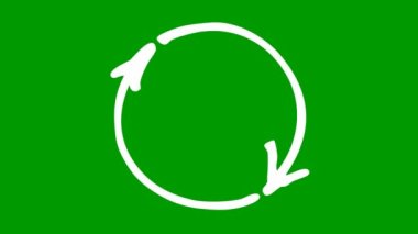 Animated icon of circle arrows. white symbol of reload spins. Looped video. Hand drawn vector illustration isolated on green background.