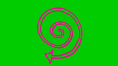 Spiral pembe ok dönüşlerinin animasyon simgesi. Eflatun sembol dönüyor. Döngülü video. El çizimi vektör çizimi yeşil arkaplanda izole edildi.