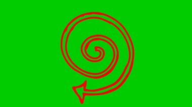 Animated icon of spiral arrow spins. red symbol rotates. Looped video. Hand drawn vector illustration isolated on green background.