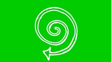 Spiral ok dönüşlerinin canlandırılmış simgesi. Beyaz sembol dönüyor. Döngülü video. El çizimi vektör çizimi yeşil arkaplanda izole edildi.