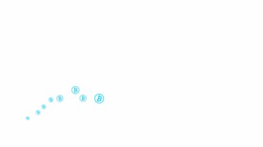 Animasyon siyah bitcoin paraları soldan sağa uçar. Uçan paralı bir dalga. İş anlayışı, kripto para, finans. Beyaz arkaplanda izole edilmiş vektör illüstrasyonu.