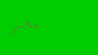 Animasyon pembe bitcoin paraları soldan sağa uçar. Uçan mor paralı bir dalga. İş anlayışı, kripto para, finans. Vektör illüstrasyonu yeşil arkaplanda izole edildi.