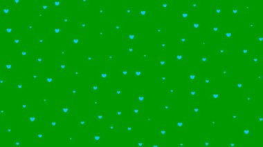 Tepeden tırnağa uçuşan mavi kalpler. Döngülü video. Yeşil arka planda izole kalp yağmuru