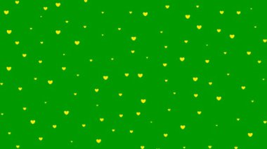 Animasyon sarı kalpler tepeden tırnağa uçuyor. Döngülü video. Yeşil arka planda izole kalp yağmuru
