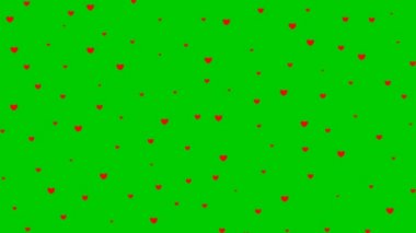 Animasyon kırmızı kalpler tepeden tırnağa uçuyor. Döngülü video. Yeşil arka planda izole kalp yağmuru