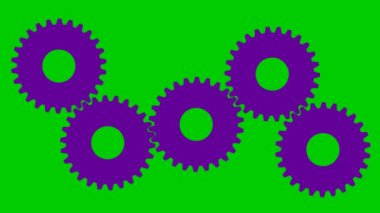 Animated violet gears spin. Looped video. Vector illustration isolated on green background.