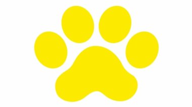 Animated cat yellow footprint. A cat's paw print appears. Looped video. Vector flat illustration isolated on the white background