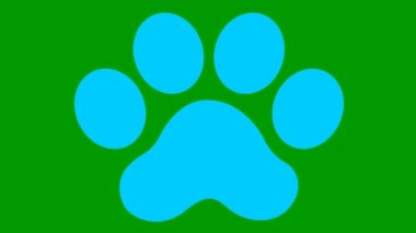 Animated cat blue footprint. A cat's paw print appears. Looped video. Vector flat illustration isolated on the green background