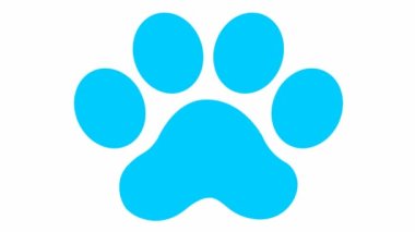 Animated cat blue footprint. A cat's paw print appears. Looped video. Vector flat illustration isolated on the white background
