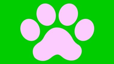 Animasyon kedi pembe ayak izi. Bir kedinin penk izi beliriyor. Döngülü video. Yeşil arkaplanda izole edilmiş vektör düz illüstrasyon