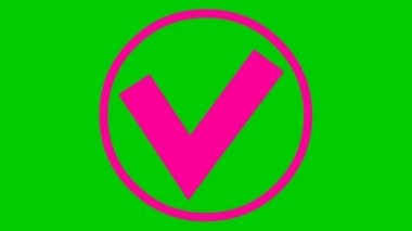 Animated magenta check mark in circle appears. Flat pink vector illustration isolated on green background.
