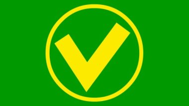 Animated yellow check mark in circle appears. Flat vector illustration isolated on green background.