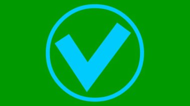 Animated blue check mark in circle appears. Flat vector illustration isolated on green background.