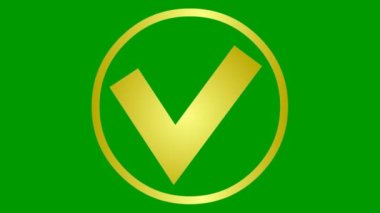 Animated golden check mark in circle appears. Flat vector illustration isolated on green background.