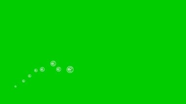 Animated white symbol of the currency Euro coins fly from left to right. A wave with flying linear coins. Concept of business, money, finance. Vector illustration isolated on the green background.