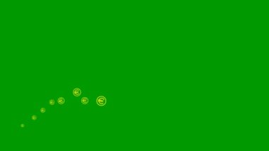 Animated yellow symbol of the currency Euro coins fly from left to right. A wave with flying linear coins. Concept of business, money, finance. Vector illustration isolated on the green background.