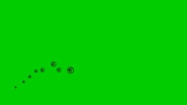 Animated black symbol of the currency Euro coins fly from left to right. A wave with flying linear coins. Concept of business, money, finance. Vector illustration isolated on the green background.